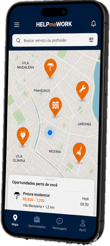 Aplicativo HELPmeWORK aberto no mapa de oportunidades, com ícones de profissões marcando serviços na cidade
